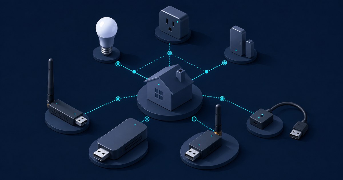 A dark 3D smart-home hub links a bulb, smart plug, sensors, and several USB Zigbee coordinator sticks with glowing cyan dotted lines.