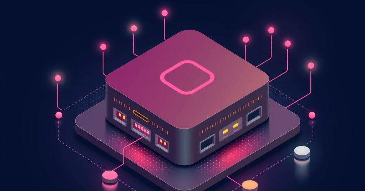 Flat isometric illustration of a dark hub box with a pink top, lit ports and vents on a plinth, with glowing pink node lines fanning out to floating dots.