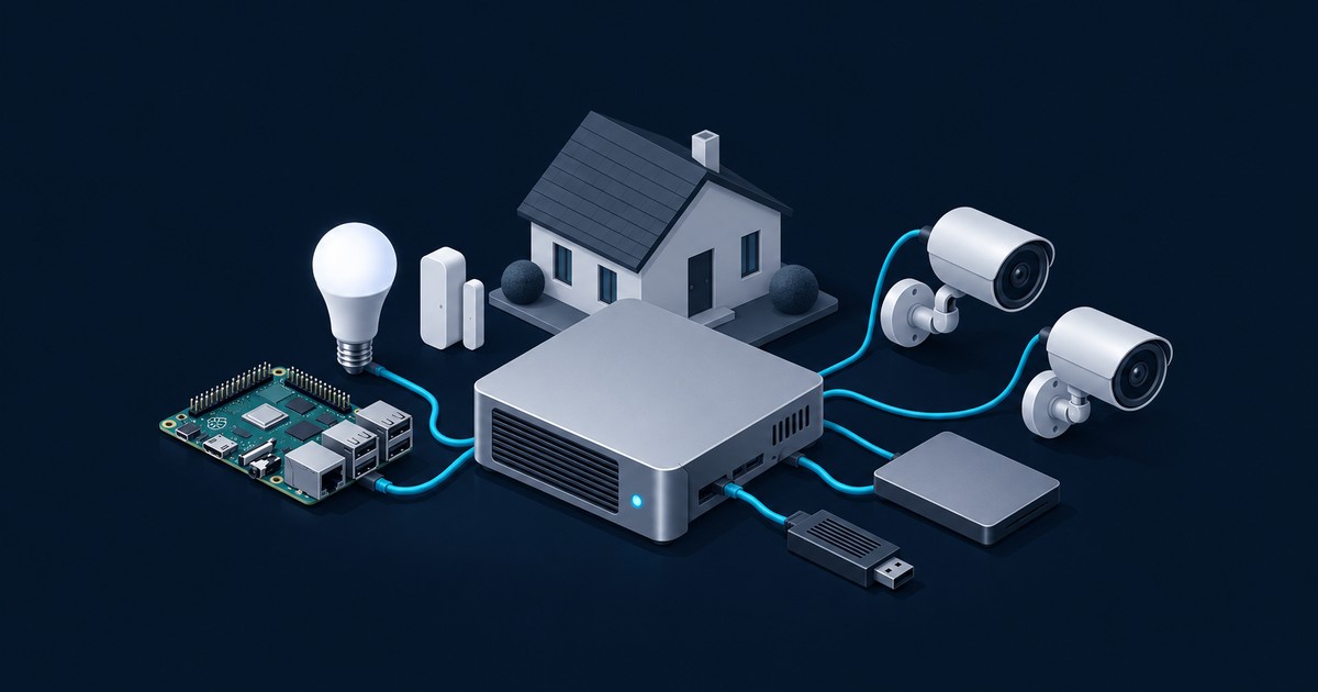 Isometric scene of a mini PC hub wired with blue cables to a Raspberry Pi, smart bulb, door sensor, two security cameras, SSD and USB dongle near a house.
