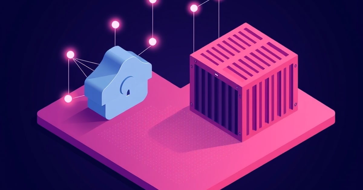 Isometric illustration of a pale blue rounded house glyph beside a pink ridged shipping container on a magenta pad, wired to glowing white nodes