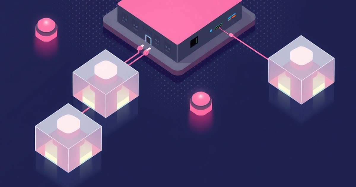 A dark isometric scene shows a pink-topped hub with ports connected by glowing pink cables to translucent glass cube nodes and small button-like sensors, representing a smart home mesh network.
