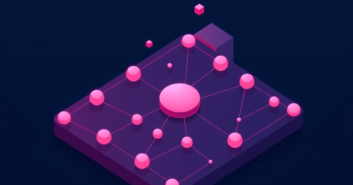 A pink network of connected nodes and small cubes radiates from a central glowing disc on a dark purple isometric platform, evoking a microcontroller's wireless mesh links.