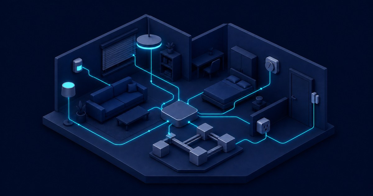 A dark isometric smart home cutaway shows a central hub linking glowing blue lines to a lamp, blinds, thermostat, outlet, and door sensor across two rooms.