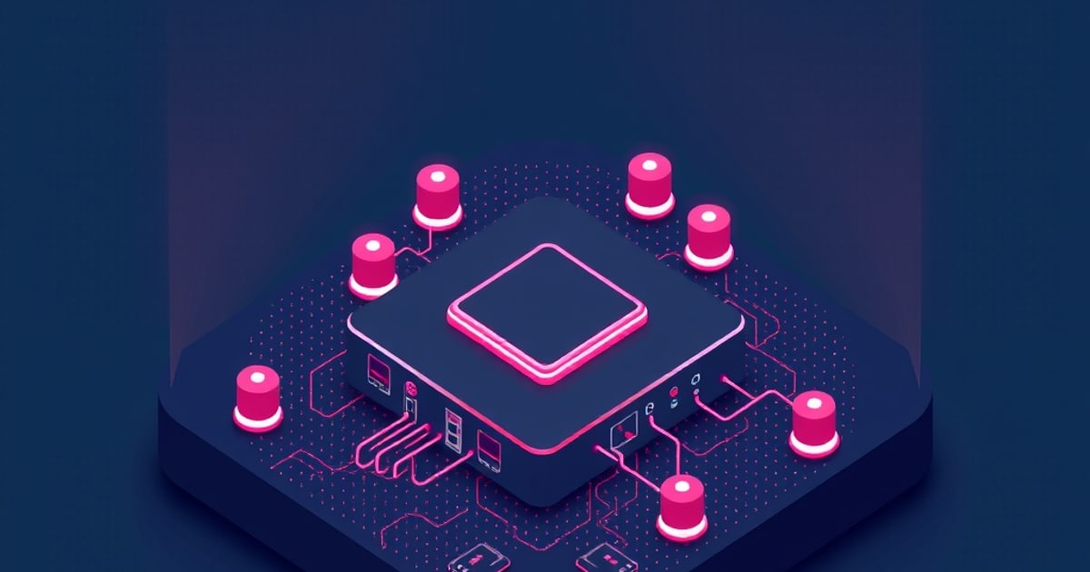 A dark isometric mini PC hub glows pink at its center, wired to six radio beacon nodes arranged around it on a circuit-patterned platform.