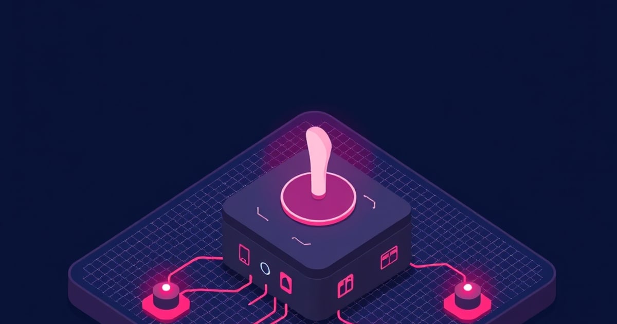 Flat isometric illustration of a dark square hub carrying one tall pink antenna, standing on a lit grid plate and wired out to two small glowing pucks.