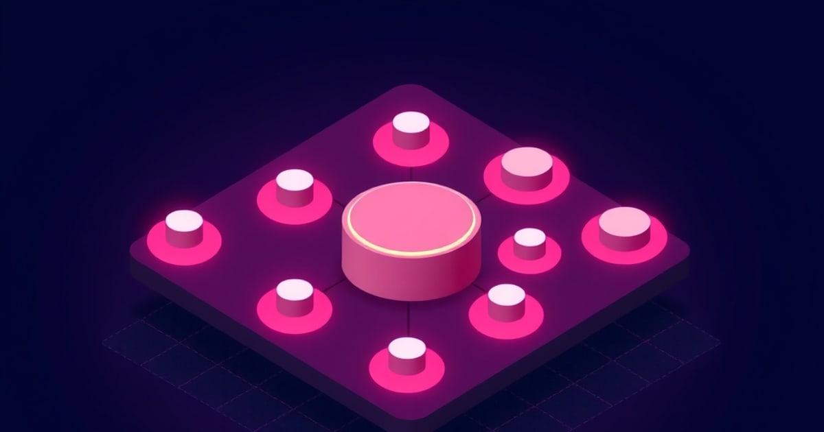 Flat isometric illustration of a magenta diamond platform holding a pink cylindrical hub wired to eight small glowing white pucks on a dark background.