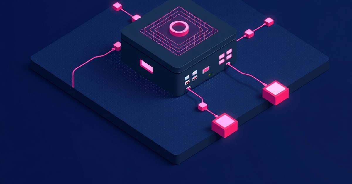 Isometric dark navy hub box with a glowing pink ring on top, wired by pink cables to small glowing pink sensor cubes across a dotted platform, like a Zigbee mesh